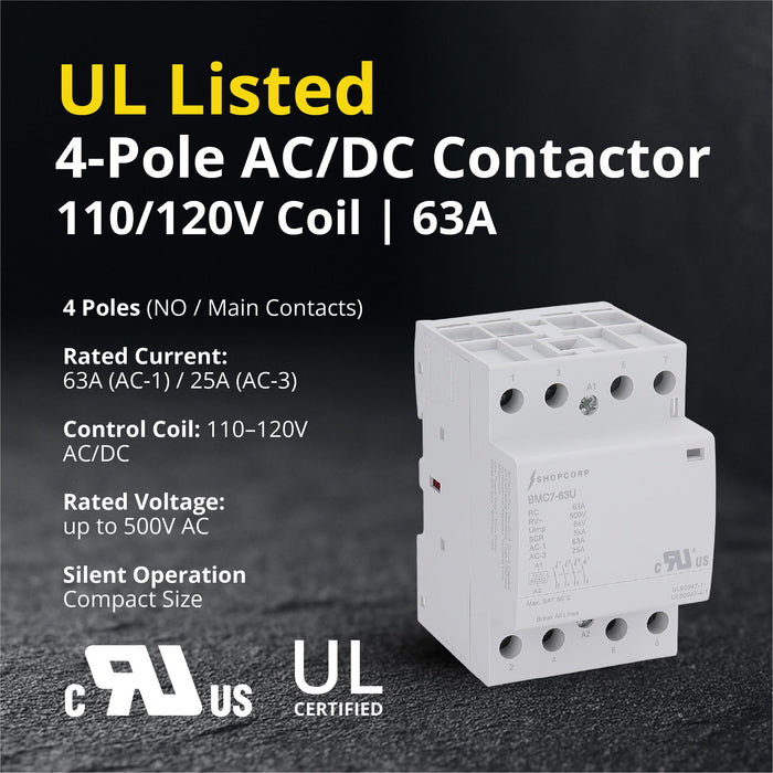Shopcorp 63A AC/DC 4 Pole Normally Open UL Listed Contactor | 120V Coil, IEC 400V, DIN Rail Mount