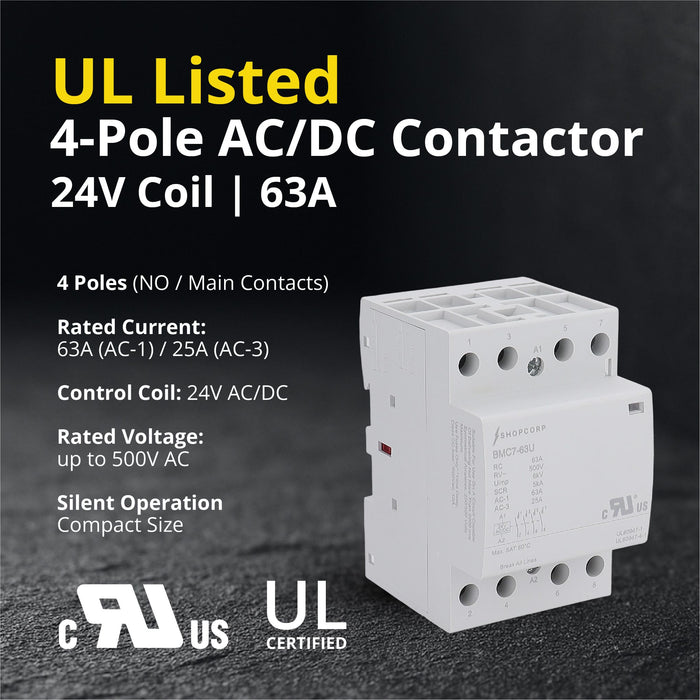 Shopcorp 63Amp AC/DC 4 Pole Normally Open UL Listed Contactor, 24V Coil, IEC 400V DIN Rail