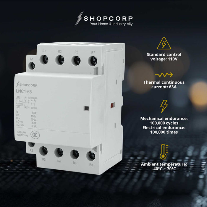 Shopcorp 60A 4 Pole NC Contactor - IEC 400V - 110/120VAC Coil for HVAC, AC, Motor and Lighting