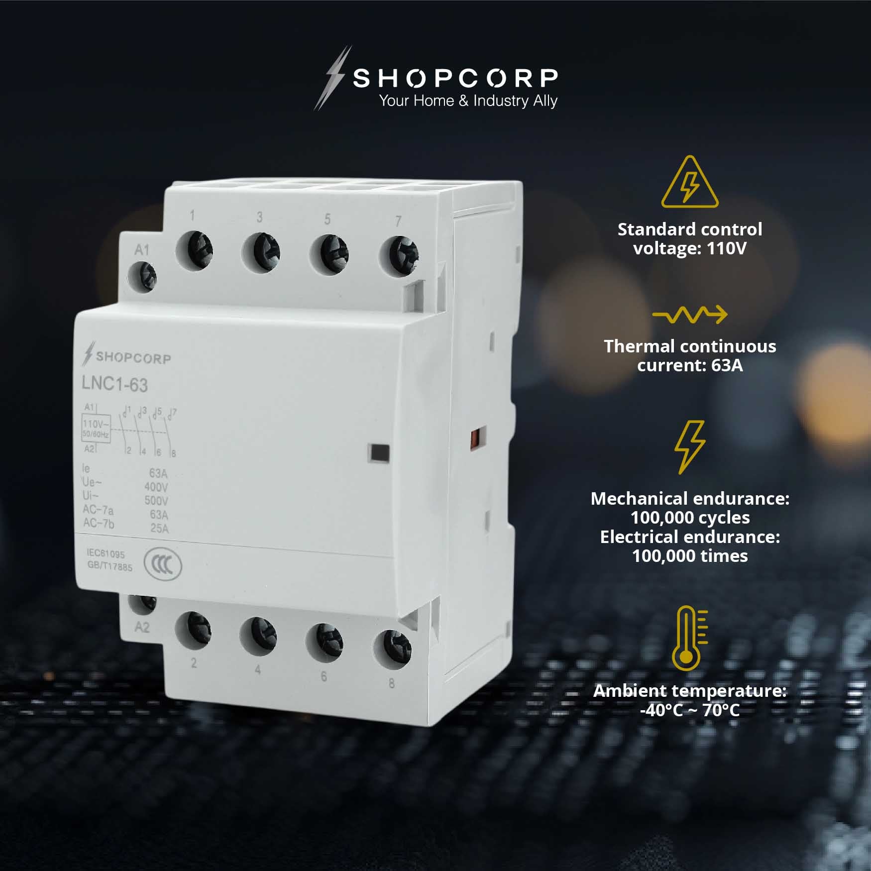 Contactor, 4 Pole Normally Open, General Purpose, 110/120V, 63A ...
