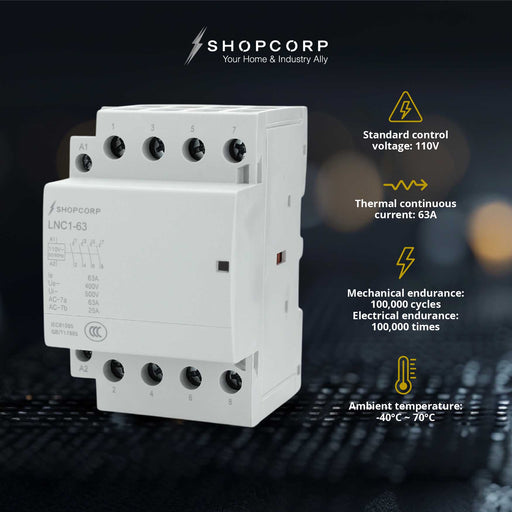 Shopcorp 40A 4 Pole NO IEC 400V Contactor - 110/120VAC Coil for HVAC, AC, Motor Load, and Lighting