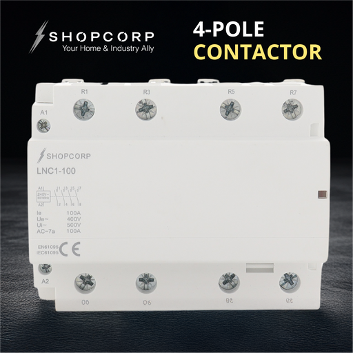 Shopcorp 100 Amp 4 Pole Normally Open IEC 500V Contactor 240VAC Coil for HVAC, AC, Motor Load and Lighting