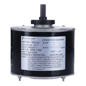 Shopcorp 1/4 HP Air Conditioner Motor 208/230V Condenser Fan Motor 1100RPM 1 Speed CCW Rotation 48 Frame 4” Shaft Length - 7.5uf/370V Capacitor Compatible Single Phase Aluminum Wire