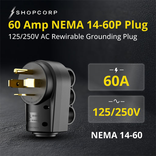Shopcorp 60 Amp NEMA 14-60P Male Plug, 125/250V, 3 Pole 4 Wire Grounding, ETL Listed