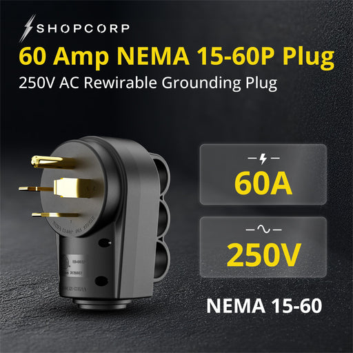 Shopcorp 60 Amp NEMA 15-60P Male Plug, 250V 3 Phase, 3 Pole 4 Wire Grounding, ETL Listed