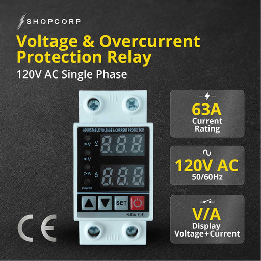 Shopcorp 63A DIN Rail Voltage Protector AC 120V | Adjustable Over/Under Voltage & Overcurrent Protection Relay with Digital Monitor