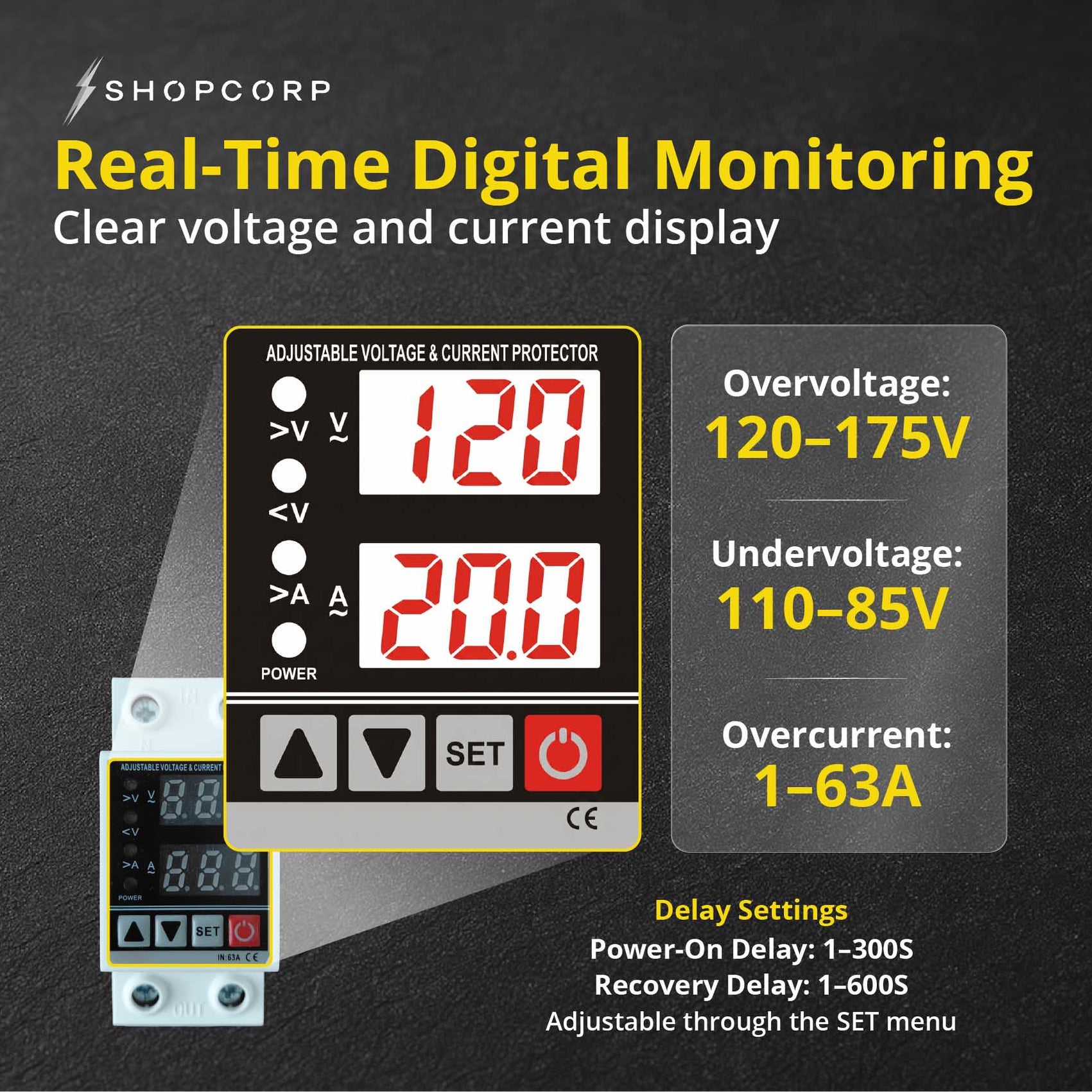 63A DIN Rail Voltage Protector AC 120V with Digital V/A Monitor ...