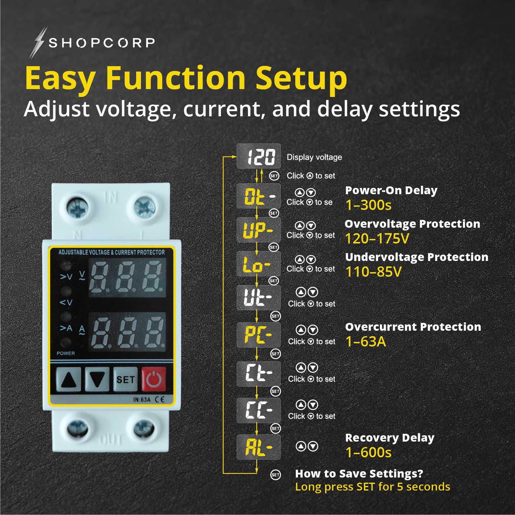 63A DIN Rail Voltage Protector AC 120V with Digital V/A Monitor ...