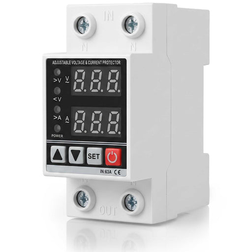 Shopcorp 63A DIN Rail Voltage Protector AC 120V | Adjustable Over/Under Voltage & Overcurrent Protection Relay with Digital Monitor