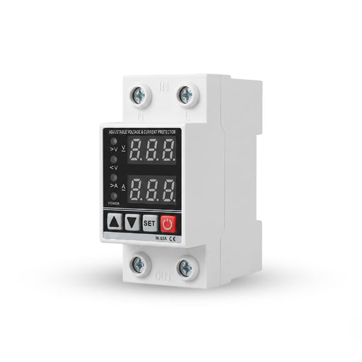 Shopcorp 63A DIN Rail Voltage Protector AC 120V | Adjustable Over/Under Voltage & Overcurrent Protection Relay with Digital Monitor