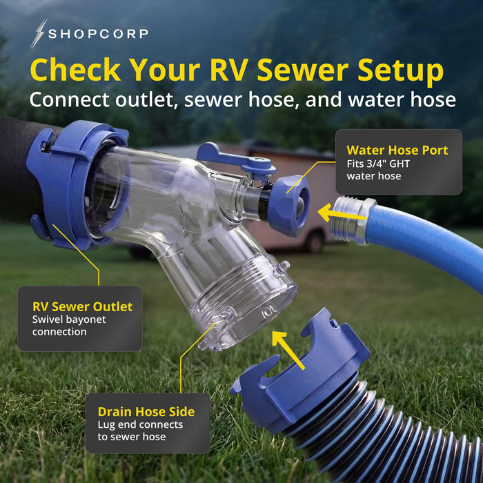 Shopcorp RV Tank Rinser, Clear 45° Sewer Hose Adapter with Water Valve