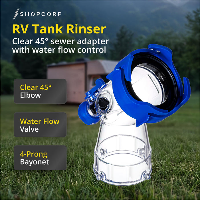 Shopcorp RV Tank Rinser, Clear 45° Sewer Hose Adapter with Water Valve