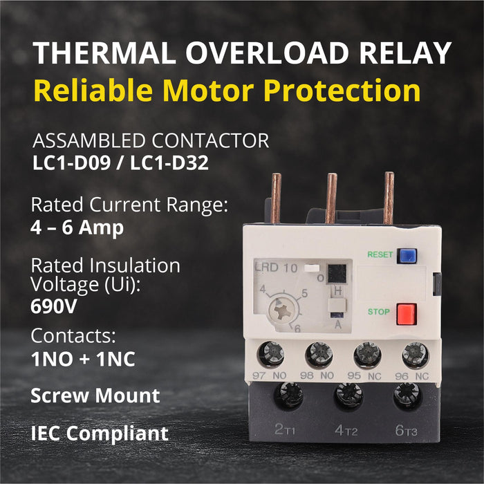 Shopcorp Thermal Overload Relay LR2-D13 (4-6A) - Motor Protection Relay with 1NO/1NC, IEC Rated