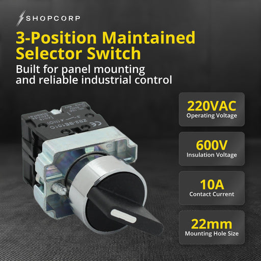 Shopcorp 2 Position Maintained Selector Rotary Switch - Waterproof, 22mm, 220VAC and 10A Electrical Switch NO/NO