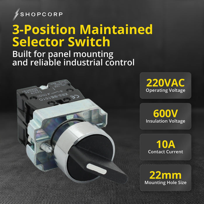 Shopcorp 2 Position Maintained Selector Rotary Switch - Waterproof, 22mm, 220VAC and 10A Electrical Switch NO/NO