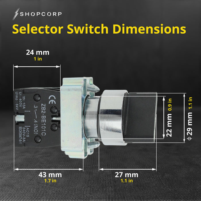 Shopcorp 3 Position Maintained Selector Rotary Switch - Waterproof, 22mm, 220VAC and 10A Electrical Switch NO/NO