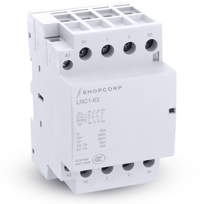 Shopcorp 63 Amp 4 Pole 2NO / 2NC 400V Contactor, 220VAC Coil for HVAC, Air Conditioner, Motor Load & Lighting System