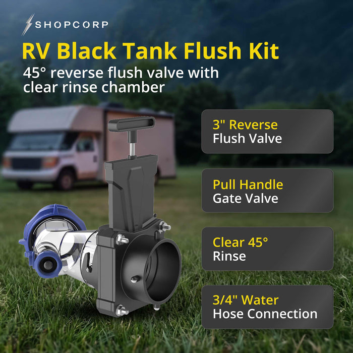 Shopcorp RV Black Tank Flush Kit, 3-Inch Gate Valve, Clear 45° Reverse Flush Adapter
