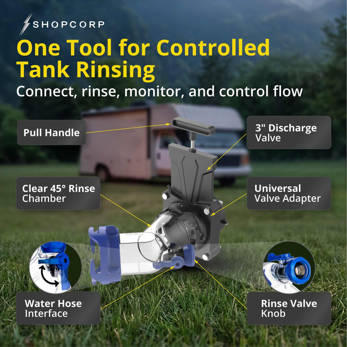 Shopcorp RV Black Tank Flush Kit, 3-Inch Gate Valve, Clear 45° Reverse Flush Adapter
