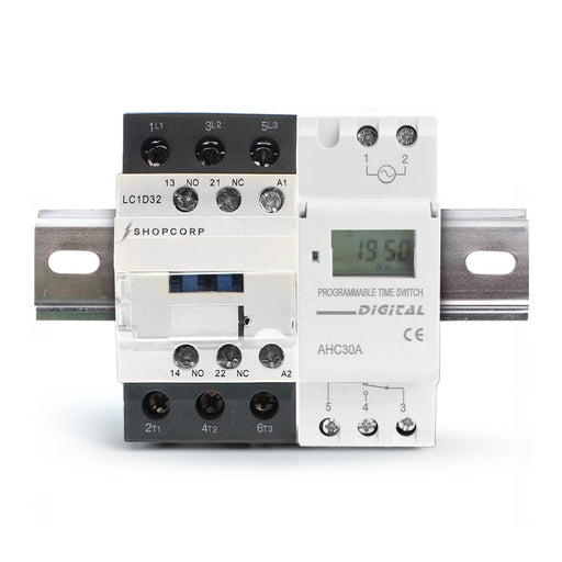 Shopcorp 30A 3 Pole NO Contactor and Auxiliary 1NO/1NC - 110/120VAC Coil, with 24-7 Electronic Timer, DIN Rail and Screws for HVAC, AC, Motor Load and Lighting