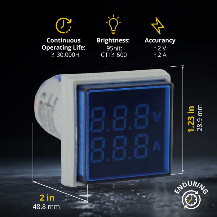 Shopcorp LED Volt Amp Meter 22mm Panel Mount, AC50-500V & 0-100A with CT Sensor (Blue)