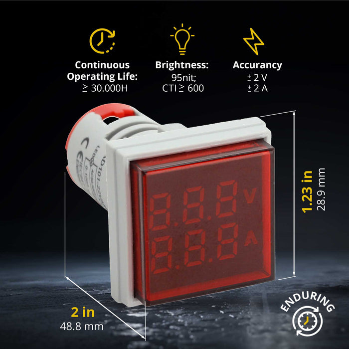 Shopcorp LED Volt Amp Meter 22mm Panel Mount, AC50-500V & 0-100A with CT Sensor (Red)
