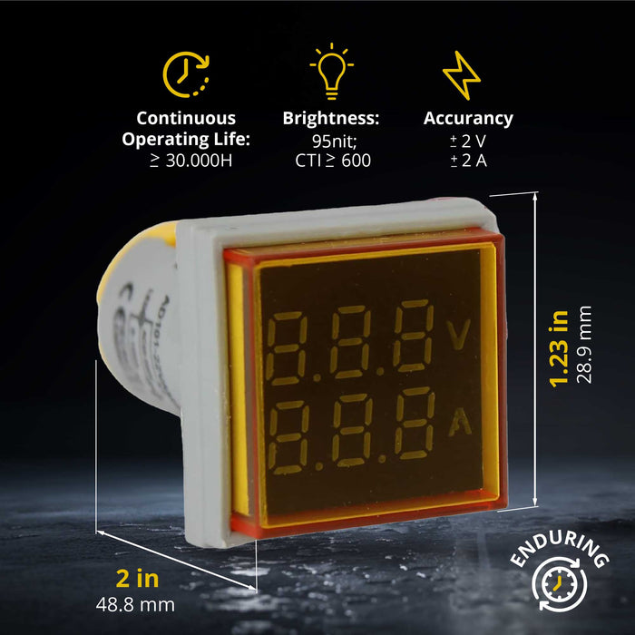 Shopcorp LED Volt Amp Meter 22mm Panel Mount, AC50-500V & 0-100A with CT Sensor (Yellow)