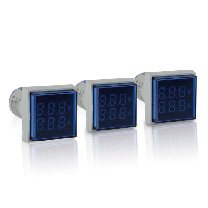Shopcorp LED Volt Amp Meter 22mm Panel Mount, AC50-500V & 0-100A with CT Sensor | 3 Pack 