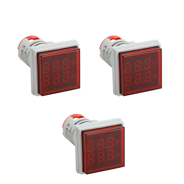 Shopcorp LED Volt Amp Meter 22mm Panel Mount, AC50-500V & 0-100A with CT Sensor | 3 Pack 