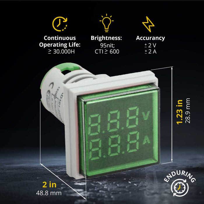 Shopcorp LED Volt Amp Meter 22mm Panel Mount, AC50-500V & 0-100A with CT Sensor | 3 Pack (Green)