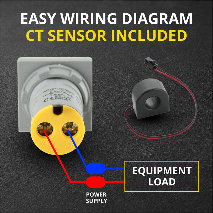 Shopcorp LED Volt Amp Meter 22mm Panel Mount, AC50-500V & 0-100A with CT Sensor (Yellow)