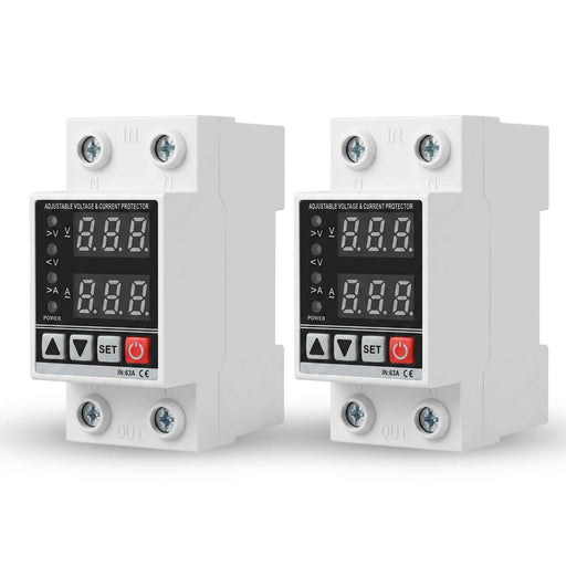 Shopcorp 63A DIN Rail Voltage Protector AC 120V | Adjustable Over/Under Voltage & Overcurrent Protection Relay with Digital Monitor | 2 Pack