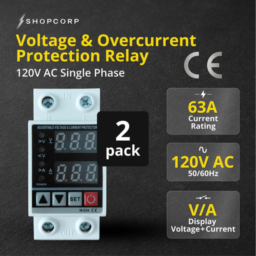 Shopcorp 63A DIN Rail Voltage Protector AC 120V | Adjustable Over/Under Voltage & Overcurrent Protection Relay with Digital Monitor | 2 Pack