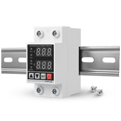 Shopcorp 63A DIN Rail Voltage Protector AC 120V | Adjustable Over/Under Voltage & Overcurrent Protection Relay with Digital Monitor, DIN Rail and Screws