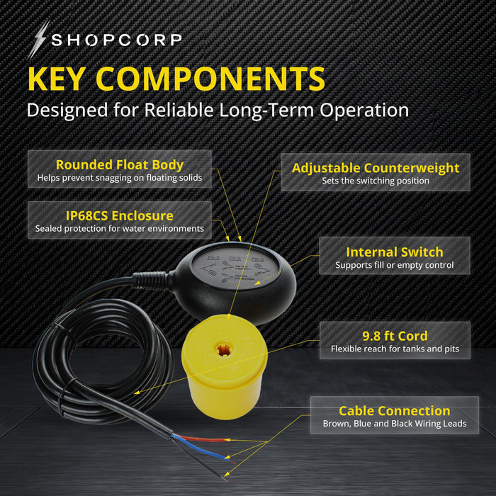 Shopcorp Water Level Meter Sensor, Float Switch for Sump Pump - Dual Operation, 250V and 10A Max Current