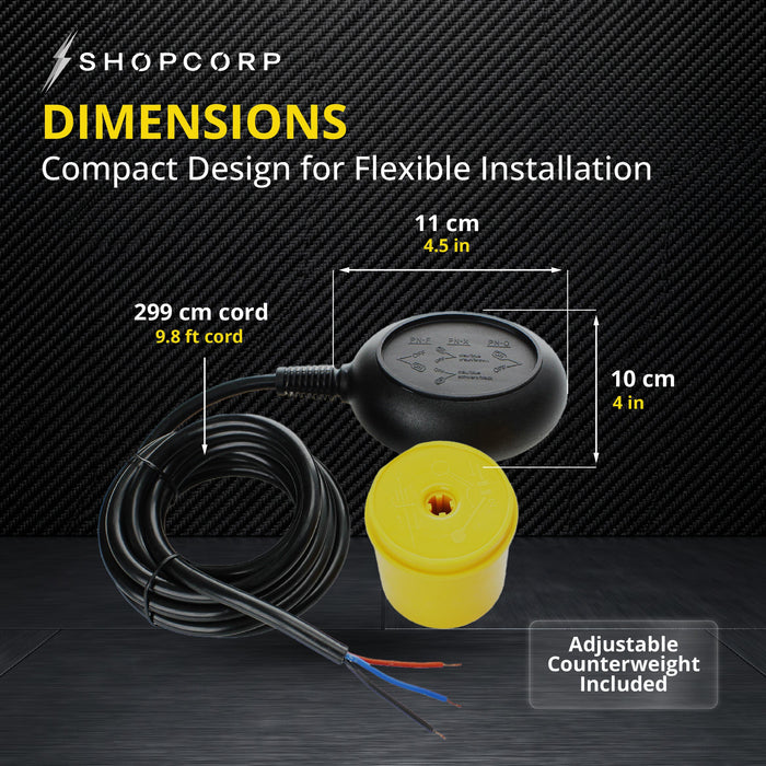 Shopcorp Water Level Meter Sensor, Float Switch for Sump Pump - Dual Operation, 250V and 10A Max Current