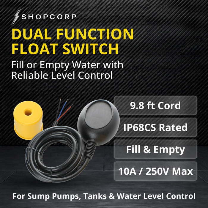 Shopcorp Water Level Meter Sensor, Float Switch for Sump Pump - Dual Operation, 250V and 10A Max Current