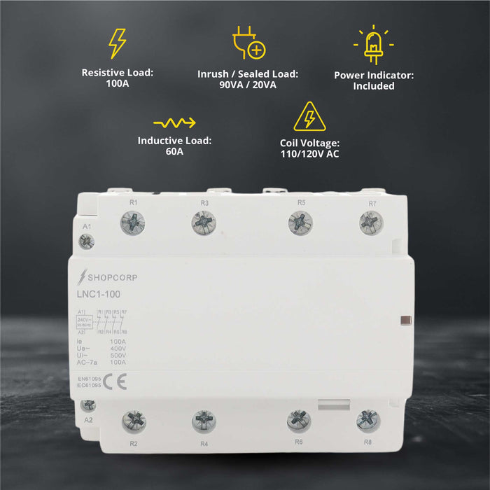 Shopcorp 100 Amp 4 Pole Normally Closed Contactor IEC 500V - 110/120VAC Coil for HVAC, AC, Motor Load & Lighting Systems