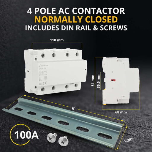 Shopcorp 100A Contactor 4 Pole Normally Closed IEC 500V, 110/120VAC Coil w/ DIN Rail & Screws for HVAC, Motor & Lighting