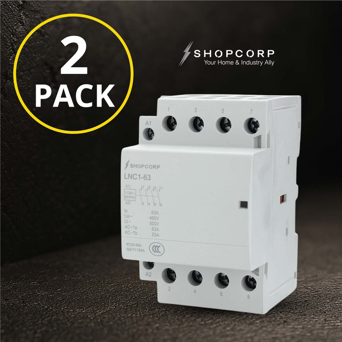 Shopcorp 63Amp 4 Pole Normally Open IEC 400V Contactor - 110/120VAC Coil for HVAC, AC, Motor Load, and Lighting | 2 Pack