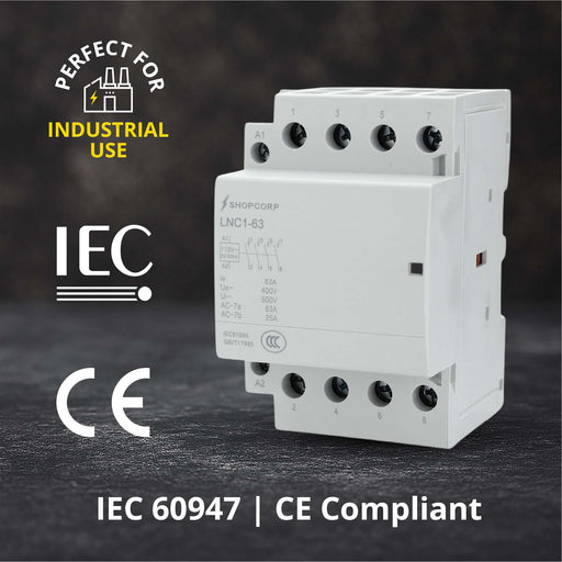 Shopcorp 60A 4 Pole NO Contactor - IEC 400V - 110/120VAC Coil  for HVAC, Motor & Lighting