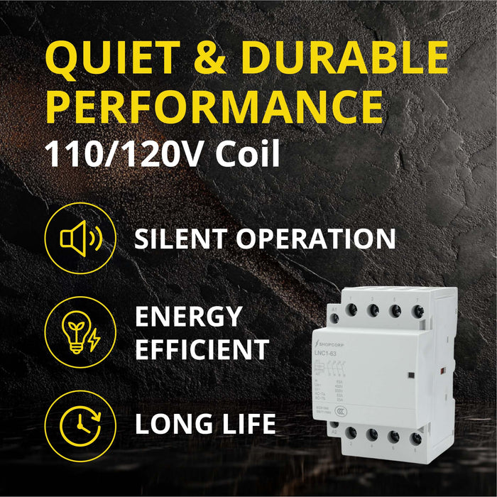 Shopcorp 60A 4 Pole NO Contactor - IEC 400V - 110/120VAC Coil  for HVAC, Motor & Lighting