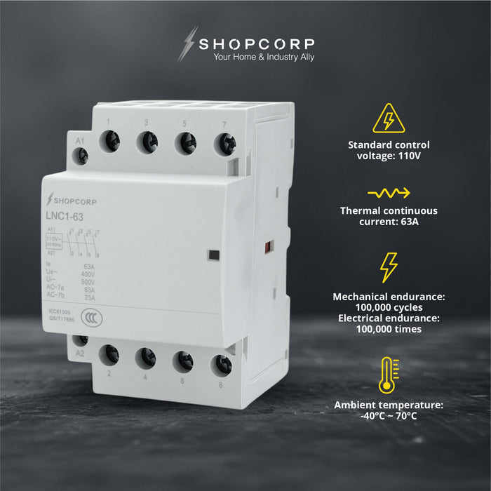 Shopcorp 63 Amp 4 Pole Normally Open Contactor - IEC 400V - 110/120VAC Coil for HVAC Systems, AC, Motor Load, & Lighting