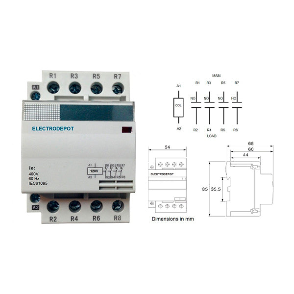 Electrodepot Contactor - 50A 4 Pole Normally Open Contactor 400V - 110/120VAC for HVAC, AC, Motor Load and Lighting