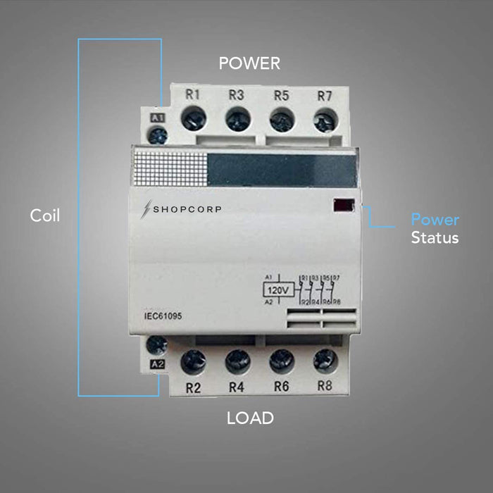 Shopcorp 50A 4 Pole NO Contactor - IEC 400V - 110/120VAC Coil - With DIN Rail and 2 Screws for HVAC, AC, Motor and Lighting