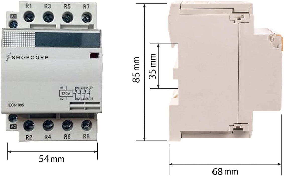 Shopcorp 50A 4 Pole NO Contactor - IEC 400V - 110/120VAC Coil - With DIN Rail and 2 Screws for HVAC, AC, Motor and Lighting