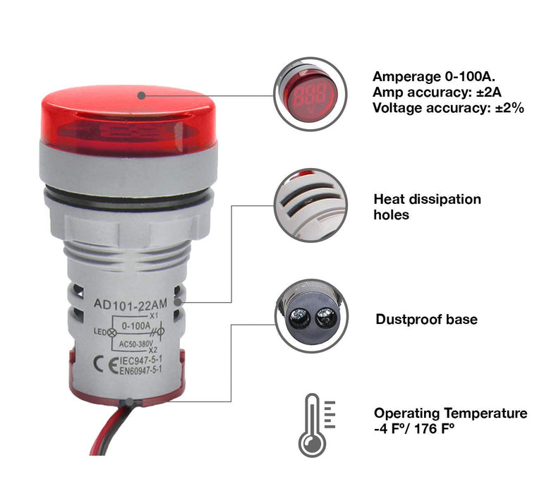 Shopcorp Digital Led Display Indicator Ammeter - 220V and 0-100A , Gauge Meter, Tester Amp Monitor (Red/Green, 3 Pack)