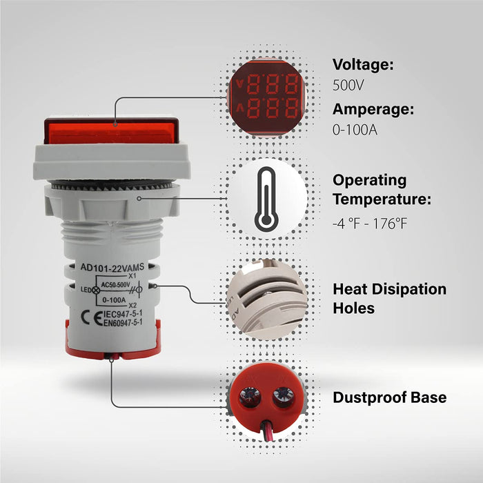 Shopcorp Digital Led Display Indicator Voltmeter and Ammeter - AC50-500V and 0-100A (Gray/Red)