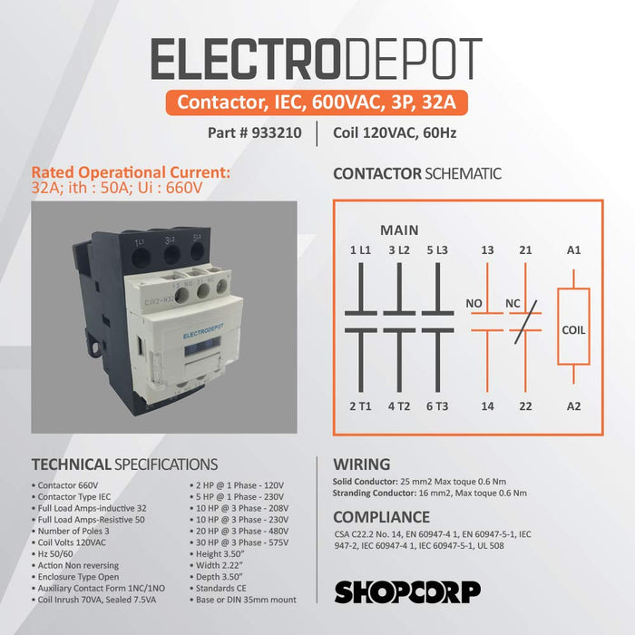 Electrodepot Contactor - 30A 6 Pole (3 Pole x 2) NO and Aux 1NO/1NC - 110/120V Coil, Includes DIN Rail and 2 Screws - for HVAC, AC, Motor Load and Lighting.