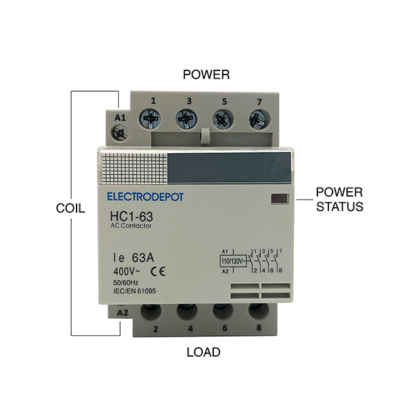 Electrodepot Contactor - 60A 4 Pole Normally Open Contactor 400V - 110/120VAC for HVAC, AC, Motor Load and Lighting - With DIN Rail and 2 Screws